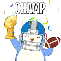 a cartoon penguin wearing a football helmet is holding a football and a trophy