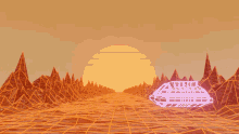 a computer generated image of a futuristic landscape with mountains and a ship in the foreground