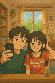 a boy and a girl are taking a selfie in a room and the girl is wearing a shirt that says candyland 1988