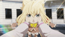 a girl with blonde hair and a yellow bow on her neck