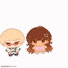 a boy and a girl are standing next to each other and the girl is wearing a pink dress with a butterfly in her hair