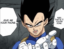 a cartoon character says " give me your phone "