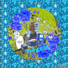 a picture of a man surrounded by blue flowers with the word princess written on the bottom