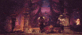 a blurry image of a person holding a sword in a dark room with fire coming out of it