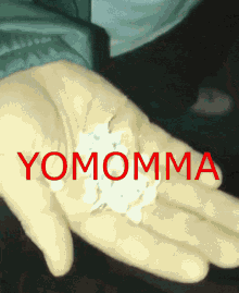 a person holding something in their hand that says yomomma on it