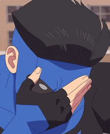 a cartoon character with blue hair and black gloves is making a funny face
