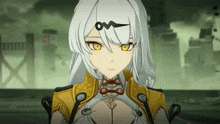 a girl with white hair and yellow eyes has a symbol on her forehead that says om