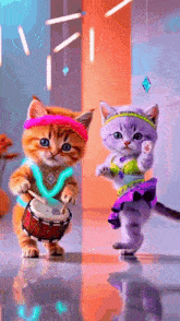 two kittens are playing drums and dancing together