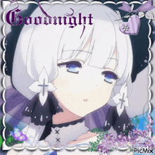 a picture of a girl with white hair and the words goodnight