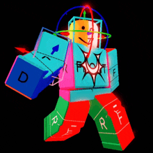 a colorful robot with the letter d on his chest