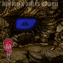 a drawing of a cave with the words harlou x am is canon on the bottom