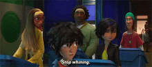 a group of cartoon characters are standing next to each other and one of them is talking .