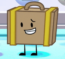 a cartoon drawing of a suitcase with a smiling face and legs