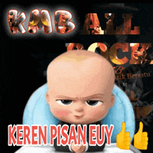 a baby sitting in a high chair with the words keren pisan euy on the bottom