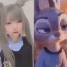 a girl is standing next to a stuffed animal that looks like a rabbit .