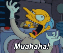 a cartoon character is saying muahaha with his mouth wide open