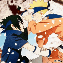 naruto and sasuke are standing next to each other in a cartoon .