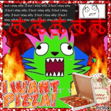 a picture of a cat with a box of pizza and the words " i want pizza "