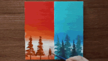 a person is painting a picture of a forest with a brush