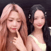 a girl with pink hair and a girl with black hair are posing for a picture