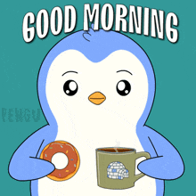 a penguin holding a donut and a cup of coffee with the words good morning written above it