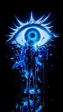 a person is standing in front of a large blue eye .