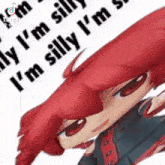 a cartoon character with red hair is laying on a piece of paper with a silly phrase on it .