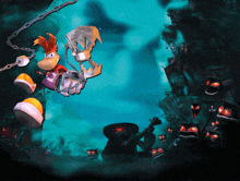 a cartoon character with a chain around his neck is surrounded by monsters