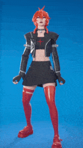a girl with red hair is wearing a black jacket and red thigh high socks