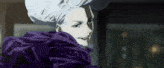 a woman with white hair and a purple cape is smiling .