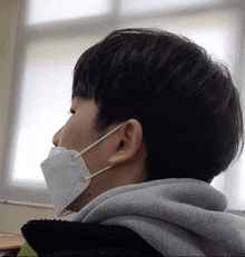 a person wearing a face mask with a gray hoodie