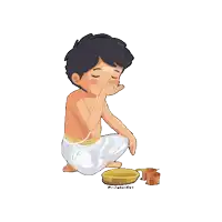 a cartoon of a man kneeling down with a bowl of food in front of him