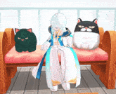 a cartoon character is standing next to a black cat and a white cat on a bench
