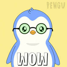 a penguin with glasses and the word wow written on its chest