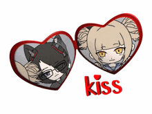 two hearts with a cat and a girl on them and the word kiss below them