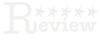 a white logo that says review with stars on it