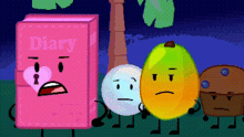 a pink book with the word diary on it is surrounded by other cartoon characters .
