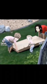 a group of people are carrying a wooden box in a yard .