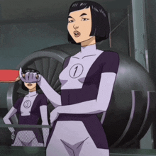 a woman in a purple and white costume with the number 1 on her chest
