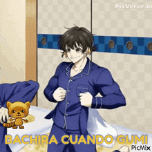 a picture of a man in a blue pajamas with the words " bachira cuando gumi " on it