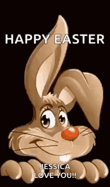 a cartoon easter bunny with a red nose and the words happy easter jessica love you !