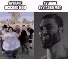 a group of people are standing next to each other in a field and a man with a beard is laughing .