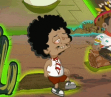 a cartoon of a boy with curly hair and a red tie