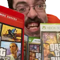 a man with glasses is holding a xbox 36 video game box