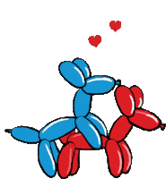 a blue and red balloon dog is riding another balloon dog
