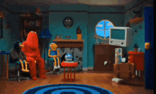 a room with a fireplace and a television with a heart on the screen