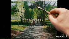 a painting of people walking in a park is being made in animatica