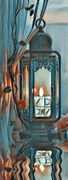 a painting of a lantern with a candle in it and the letter z on it