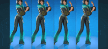 a woman in a green and black outfit is standing in a row on a blue background