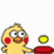 a cartoon bird is holding a frying pan and a tennis ball .